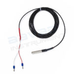 Coiled black thermocouple wire with a metal temperature probe and red/white leads terminated with blue connectors.