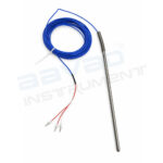 Stainless steel immersion temperature probe with a long rod, blue coiled lead, and three small red/white connectors at the end.