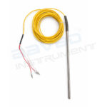 Stainless steel temperature probe with a long yellow insulated cable and two bare thermocouple tips at the ends.