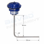 Industrial temperature probe with a blue capped actuator at the top, a stainless steel vertical stem that bends 90 degrees into a 100 mm horizontal leg, dimensions 80 mm vertical and 100 mm horizontal.