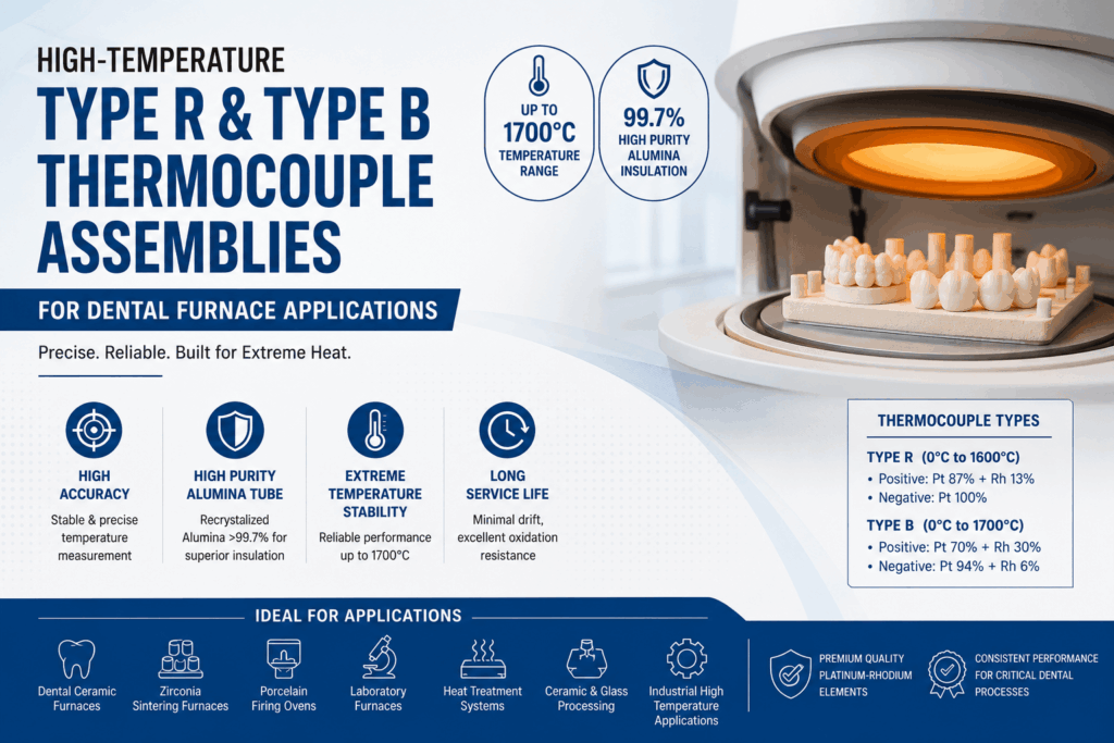 High-Temperature Type R & Type B Thermocouple Assemblies with High-Purity Alumina Protection Tubes for Dental Furnace Applications