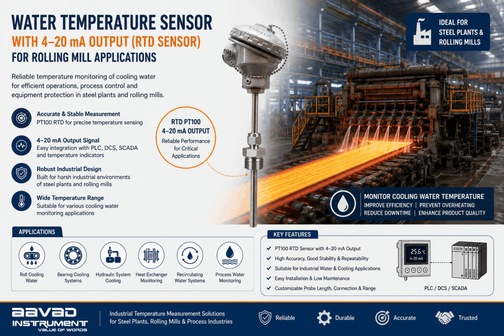 Water Temperature Sensor with 4–20 mA Output for Rolling Mill Applications