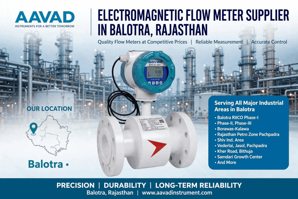 Electromagnetic Flow Meter Supplier in Balotra – Aavad Instrument Pvt. Ltd. AAVAD banner with an electromagnetic flow meter in the foreground, industrial plant backdrop, and headline: Electromagnetic Flow Meter Supplier in Balotra, Rajasthan.