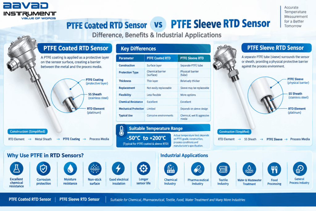 PTFE Coated RTD Sensor vs PTFE Sleeve RTD Sensor – Aavad Instrument Pvt. Ltd. PTFE coated RTD sensor and PTFE sleeve RTD sensor for industrial temperature measurement