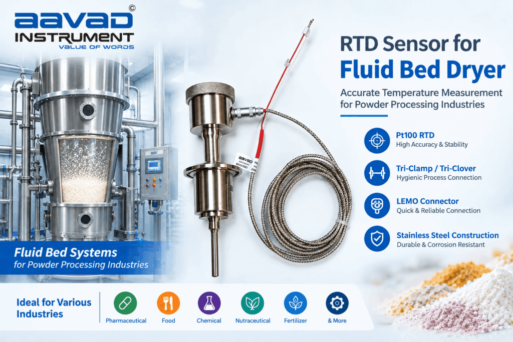 RTD Sensor with Tri-Clamp and LEMO Connector for Fluid Bed Dryer – Aavad Instrument Pvt. Ltd. Aavad Instrument banner showing stainless steel processing equipment, with feature bullets about RTD sensors and connection options on the right.