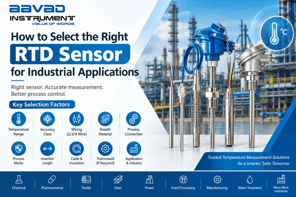 right-rtd-sensor-selection-industrial-applications-aavad-instrument – Aavad Instrument Pvt. Ltd. Industrial RTD sensor selection guide showing PT100 RTD temperature sensors, temperature range, accuracy class, wiring, sheath material, process connection, thermowell, and industrial applications.